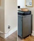 Hide Bulky Cords With A Flat Outlet Concealer And 3 Foot Extension Cord Kit, showing discreet cord management behind furniture.