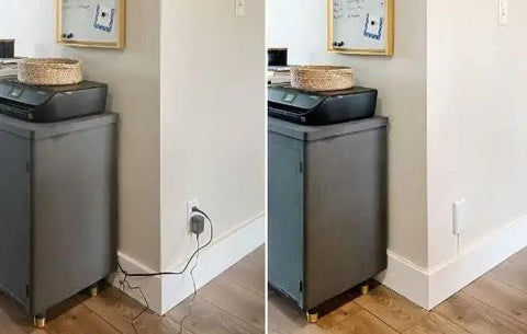 Hide Bulky Cords With A Flat Outlet Concealer And 3 Foot Extension Cord Kit, showing discreet cord management behind furniture.