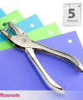 One Hole Punch For Office Use, 5 Sheet Capacity, Nickel Plated Hand Punch In Slick Silver on multi-colored paper