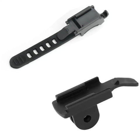 2 Pack Bike Light Mount Adapter Rail Slide On Type Bracket, black plastic handlebar mount with elastic strap detail