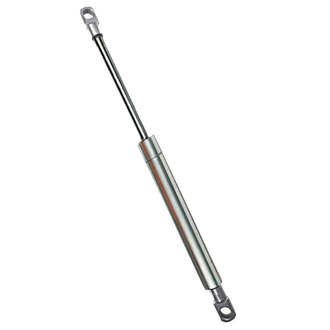 Built Like A Tank 316 Stainless Steel Gas Strut With Smooth Soft Close Dampers For Cabinet Hatches And Heavy Storage Doors Premium Eyelet Joint Hydraulic Lift Made In The Usa, shown from the side.
