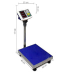 Heavy Duty Industrial Floor Scale With Digital Display And Foldable Platform, dimensions shown, ideal for weighing heavy shipping packages.
