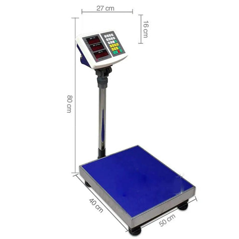Heavy Duty Industrial Floor Scale With Digital Display And Foldable Platform, dimensions shown, ideal for weighing heavy shipping packages.