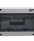 Heavy Duty Abs Distribution Box For Circuit Breaker 12 Way, grey enclosure, front view, water resistant for indoor or outdoor use.
