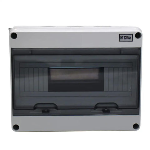 Heavy Duty Abs Distribution Box For Circuit Breaker 12 Way, grey enclosure, front view, water resistant for indoor or outdoor use.