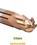 Carbide ball-nose end mill bit, TISIN-coated copper finish, 4-flute, close-up view