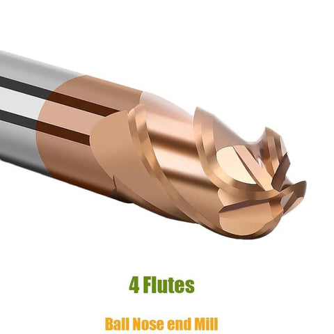Carbide ball-nose end mill bit, TISIN-coated copper finish, 4-flute, close-up view