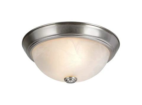 Two Light Flush Mount Fixture In Brushed Nickel With White Alabaster Glass Shade, 11 Inch Diameter Indoor Ceiling Light UL Listed