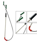 Heavy Duty Manual Toilet Auger Six Foot Steel Drain Snake With Long Handle To Burst Through Stubborn Clogs In Residential Drains And House Sewer Lines Without Any Hassle, showing rubber grips and bent tip.