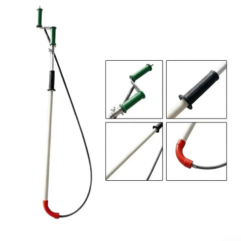 Heavy Duty Manual Toilet Auger Six Foot Steel Drain Snake With Long Handle To Burst Through Stubborn Clogs In Residential Drains And House Sewer Lines Without Any Hassle, showing rubber grips and bent tip.
