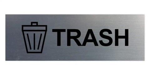 Basic Trash Sign Brushed Silver Small For Walls Or Doors, Durable Plastic With Clear Text, No Tool Needed Fast Install