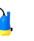 Badass 12V self priming submersible water pump with hose kit in blue and yellow for heavy duty drainage.