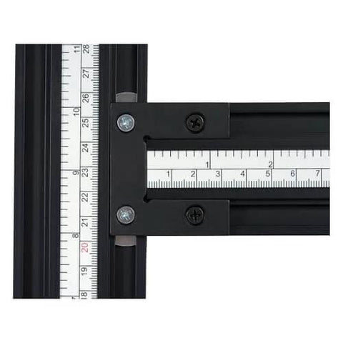 Adjustable Router Jig Frame and Guide System for Cutting Square and Rectangular Recesses, Slots, and Face Panel Molds With a Router, Large 23.6 By 23.6 Inches Working Area, Four 27.6 Inch Extrusion Rails With Dual Metric Imperial Scales Varijig showing close view of extrusion rails with scales.