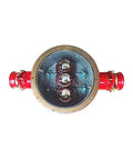 Front view of explosion-proof high-voltage cable junction box, round metal body with red gland fittings and clear lid