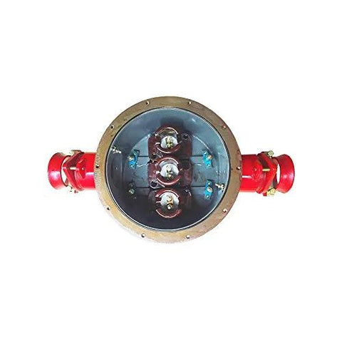 Front view of explosion-proof high-voltage cable junction box, round metal body with red gland fittings and clear lid