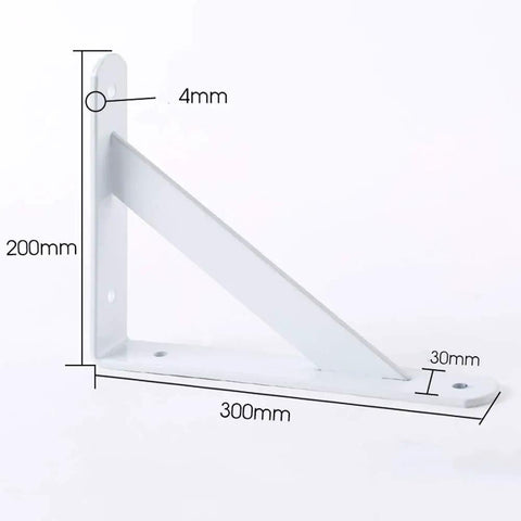 White Heavy Duty L Shaped Shelf Bracket Rock Solid Wall Mount No Worries Install Rust Free Iron Corner Support For Bookcases Room Divider High Gloss White Finish with dimensions 200mm height and 300mm length.