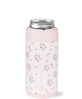 Slim Can Cooler For 12 Oz Cans, Stainless Steel Insulated Can Holder with floral design, holding a beverage, keeps drinks cold