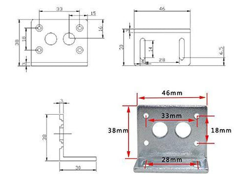 Metal mounting bracket for worm-gear motor; silver finish with multiple mounting holes.