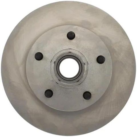 Front view of Centric C-Tek front brake rotor; silver metal disc with 5-lug bolt pattern and central hub