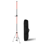Heavy Duty Telescoping Laser Level Pole With Adjustable Tripod Mount Kit For Rotary And Line Lasers next to black carrying case