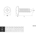 Diagram of 200 Piece Assortment Kit Black Carbon Steel Round Head Cross Drive Self Tapping Screws M1 To M3 sizes with measurements.