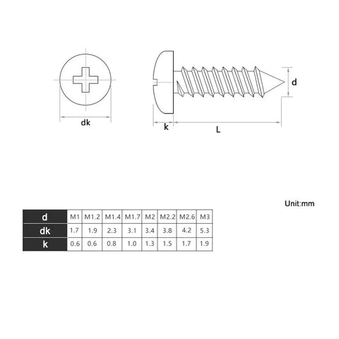Diagram of 200 Piece Assortment Kit Black Carbon Steel Round Head Cross Drive Self Tapping Screws M1 To M3 sizes with measurements.