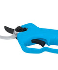 Top Notch Long Reach Cordless Pruner With Sixty Four Inch Pole And Smooth Operator Slicing Power close-up of blue handle and sharp blades.