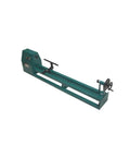 Wood turning lathe with green metal bed, 40-inch bed length, headstock left and tailstock right, tool rest.