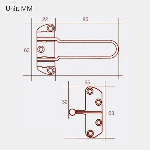 Dimensions diagram of Rock Solid Zinc Alloy Door Security Chain and Anti Theft Safety Lock in mm for easy installation.