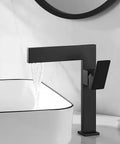 Matte Black Ultra Thin Vessel Sink Faucet With Single Handle Waterfall Spout, Solid Brass 1 Hole Lavatory Vanity Tap in modern bathroom