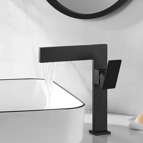 Matte Black Ultra Thin Vessel Sink Faucet With Single Handle Waterfall Spout, Solid Brass 1 Hole Lavatory Vanity Tap in modern bathroom