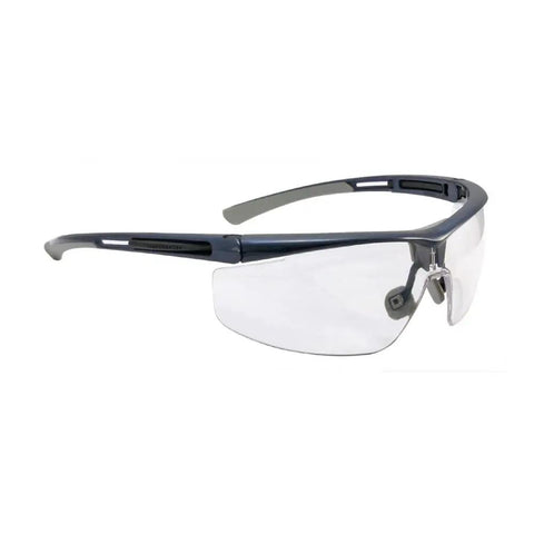 Premium Heavy Duty Anti Fog Safety Specs With Sleek Translucent Black Frames And Badass Mirror Lenses adjustable nose bridge and ratcheting temple hinges.