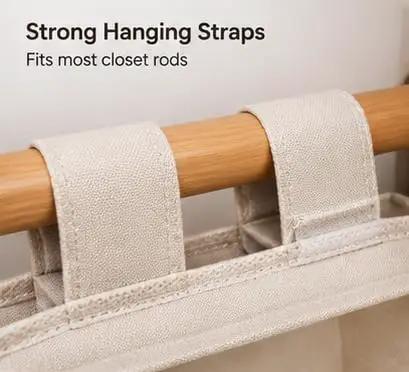 6 Shelf Hanging Closet Organizer With Durable Canvas Storage For Shoes Clothes And Accessories Beige Wardrobe Shelving showing strong hanging straps fitting closet rods.