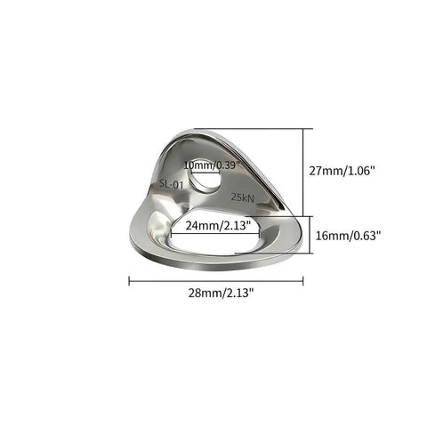 Ten Pack 25KN Marine Grade 316 Stainless Steel Climbing Bolt Hangers And Anchor Plates For Top Rope Lead Climbing Rappelling And Rescue showing dimensions and details.