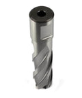 Oscarbide annular cutter, 11/16 in dia, front view with center pilot hole and spiral flutes