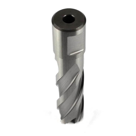 Oscarbide annular cutter, 11/16 in dia, front view with center pilot hole and spiral flutes