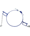 Heavy Duty 55 Gallon Drum Lifter Ring With Pivoting Fork Pockets, Painted Carbon Steel design with chains ready for industrial use.