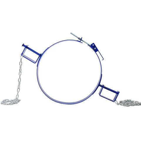 Heavy Duty 55 Gallon Drum Lifter Ring With Pivoting Fork Pockets, Painted Carbon Steel design with chains ready for industrial use.