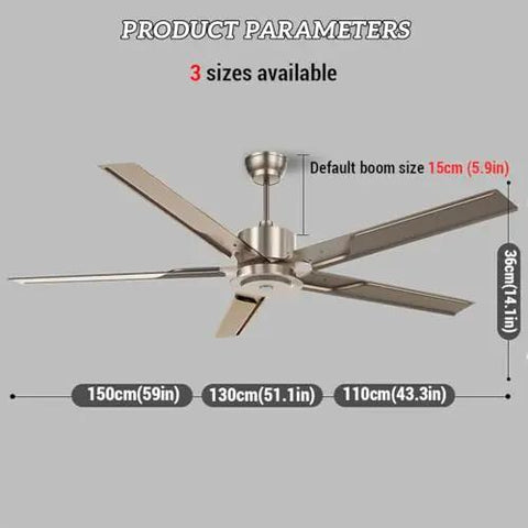 Heavy Duty Industrial 5 Speed Ceiling Fan With Remote And Five Rugged Black Blades dimensions showing three available sizes and boom specifications.