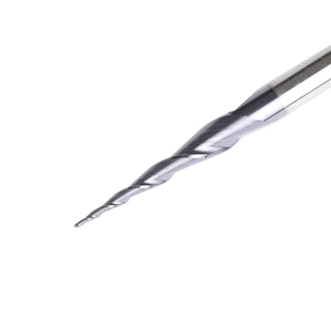 Close-up of SpeTool tapered ball-nose end mill, 1/8 in shank, 0.5 mm diameter, 0.25 mm radius