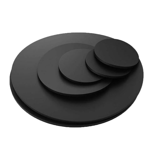 Tough Black Rubber Damping Gasket Pads Set Ten Pcs Three Millimeter Thick Solid Round Plates With Diameters From Ten Millimeter To One Hundred Eight Millimeter Shock Absorbing Anti Slip Wear Resistant Cushions For Home DIY Electronics And Mechanical displayed in a stacked arrangement