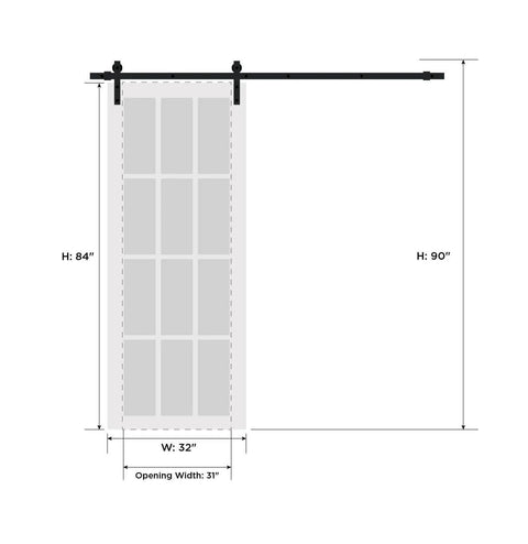 Interior Sliding Barn Door With Frosted Glass, Solid Wood Construction, 32x84 Inches, Black Modern Style, Hardware Included Kit