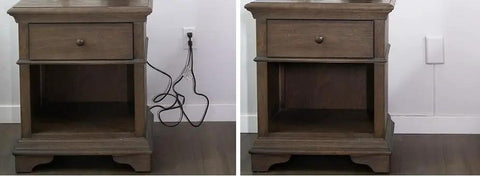 Ultra Thin Outlet Concealer Kit For Inverted Outlets hides cords behind furniture for a tidy look.