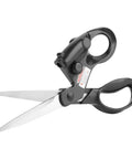 Laser-guided sewing scissors, front view, black ergonomic handles, stainless steel blades