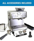 Barista Grade Home Espresso Machine With 9 Bar Pressure Automatic Coffee Maker with included accessories on display