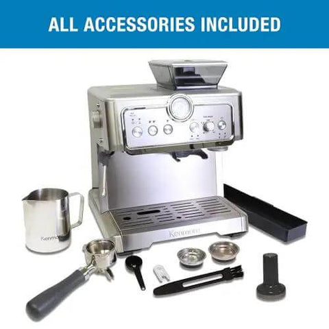 Barista Grade Home Espresso Machine With 9 Bar Pressure Automatic Coffee Maker with included accessories on display