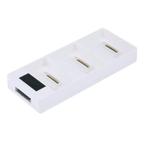 Drone Battery Charging Hub With LED Display And Intelligent Sequencing Anti Slip Feet For Stable Setup Lightweight Portable Multi Charger For Up To Four Batteries And Drones, white exterior with battery slots visible.