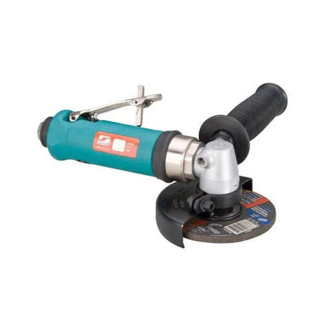 Heavy Duty Pro 4 Inch Right Angle Depressed Center Wheel Grinder Built Like A Tank With Oil Lubricated Gears For Fast Cuts And Extended Life Featuring Adjustable Guard And Safety Lock, blue handle, side view.