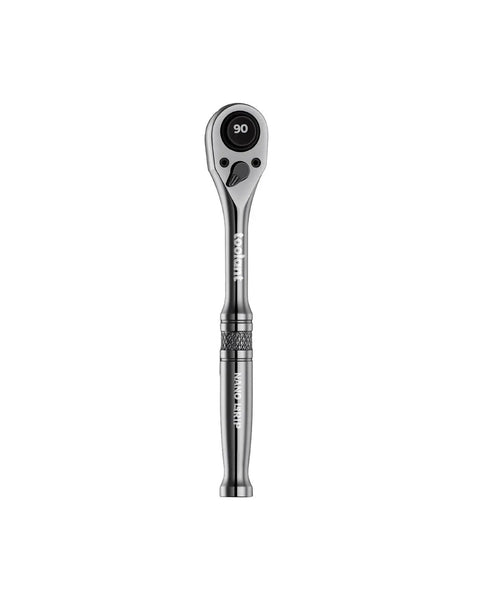 One Quarter Inch Drive Ratchet With Ninety Tooth Gear Ultra Compact Low Profile Head For Tight Spaces Reversible Quick Release Five Inch Length Black Titanium Finish Durable Tool For Engine Bays And Auto Repairs