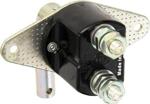 Front view of HELLA battery master switch with mounting bracket and two terminal studs